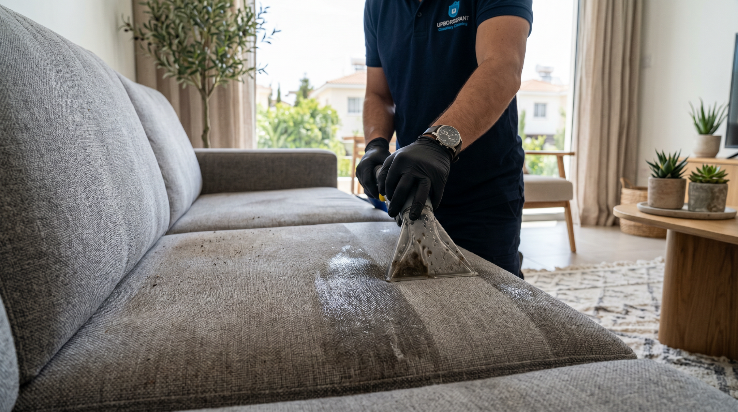 Professional deep upholstery cleaning of a fabric sofa in a Paphos home