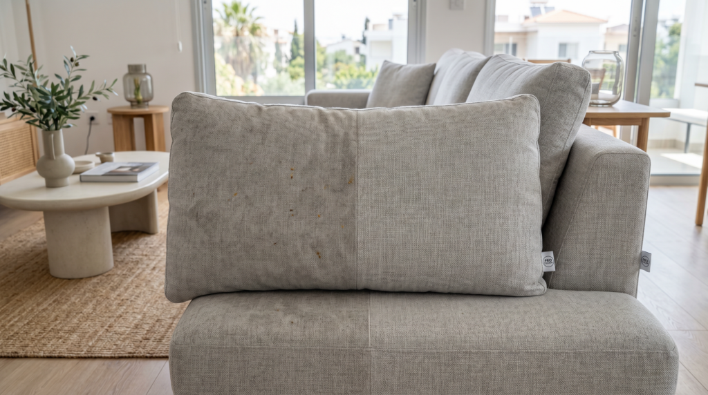 Before and after sofa cleaning results in a Limassol home