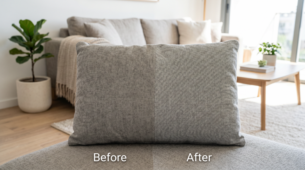 Before and after sofa cleaning results in a Nicosia home