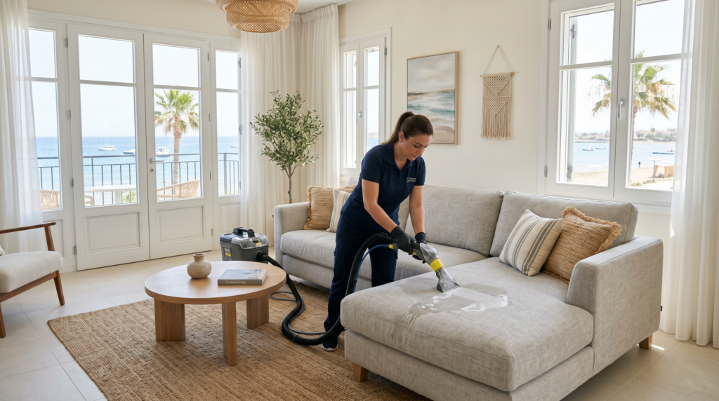 Cleaner refreshing a fabric sofa in a coastal living room
