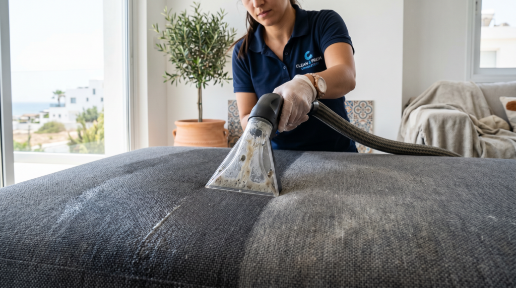 Upholstery cleaning tool extracting dirt from a sofa cushion
