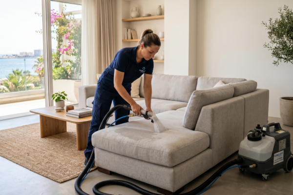 Cleaner deep cleaning a fabric sofa inside a modern home