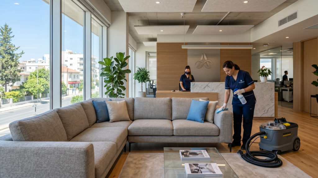 Professional sofa cleaning service in an office reception area in Nicosia
