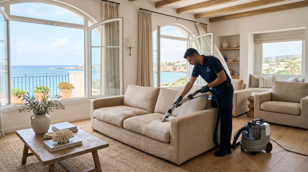 Upholstery cleaning service in a bright coastal home in Paphos