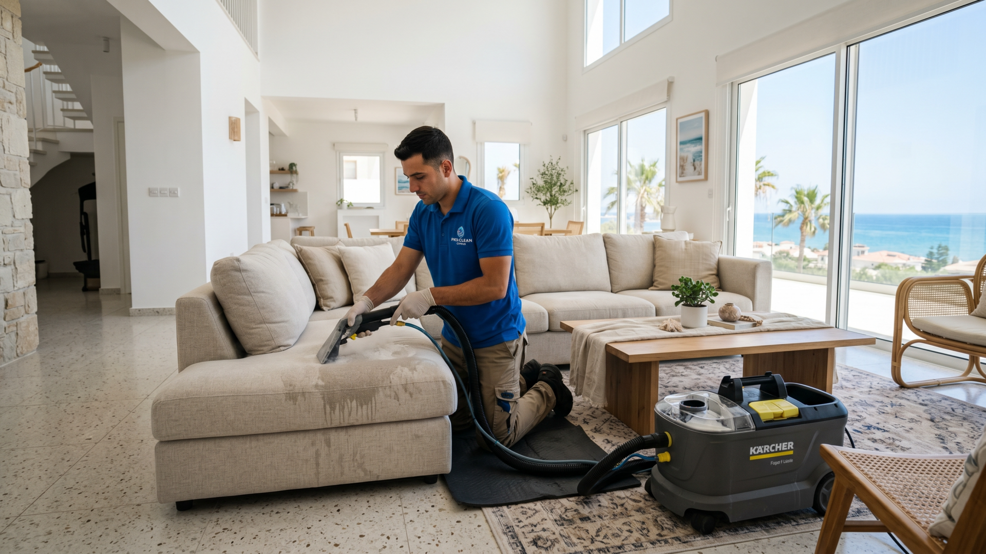 Professional sofa cleaning service in Oroklini inside a bright coastal home