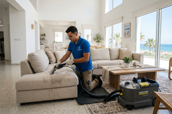 Professional sofa cleaning service in Oroklini inside a bright coastal home