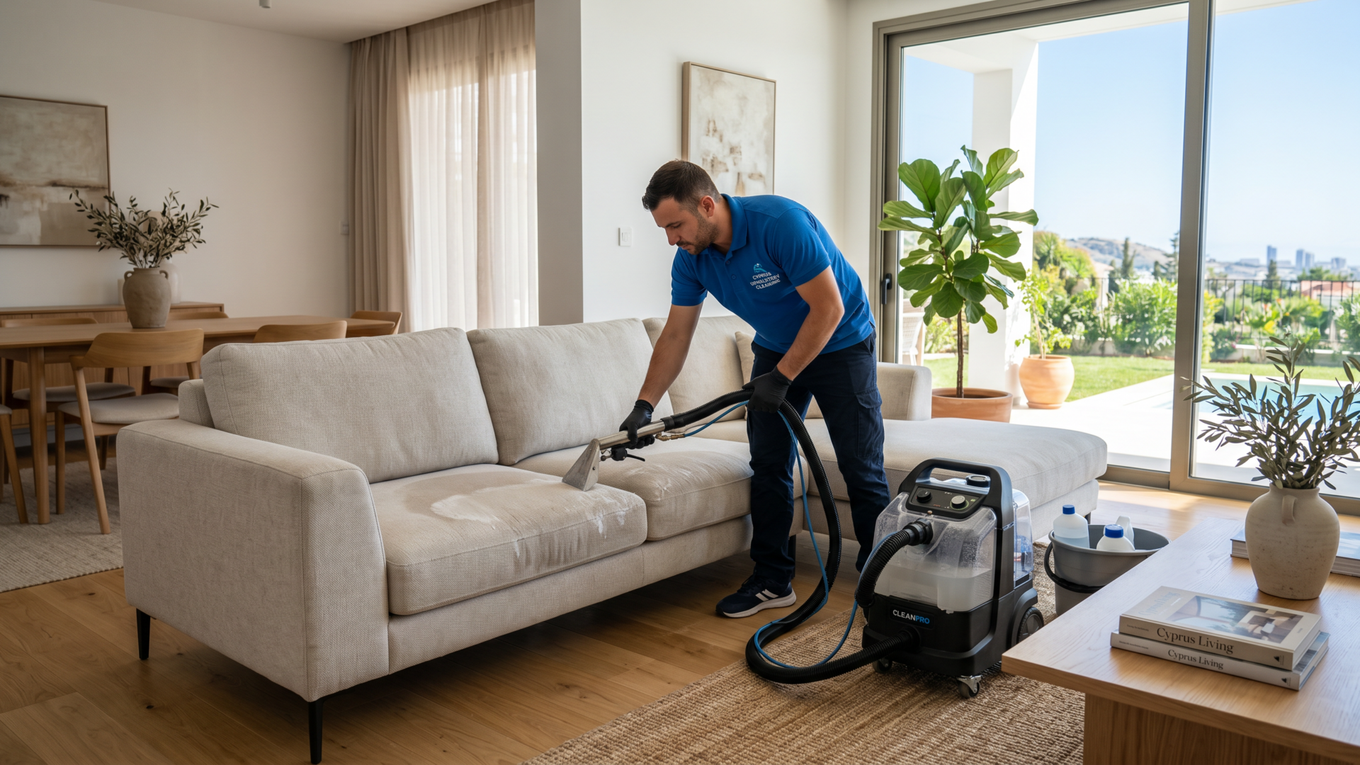 Professional upholstery cleaning service in Germasogeia inside a modern coastal home Prompt: