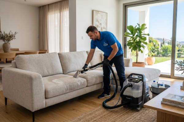 Professional upholstery cleaning service in Germasogeia inside a modern coastal home Prompt: