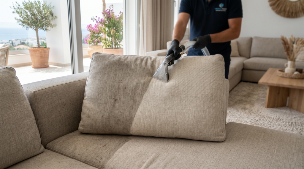 Before and after upholstery cleaning results on a fabric sofa in Paphos