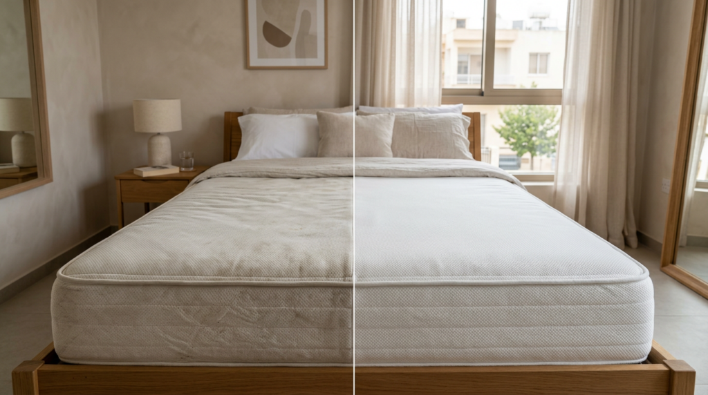 Before and after result on a mattress surface